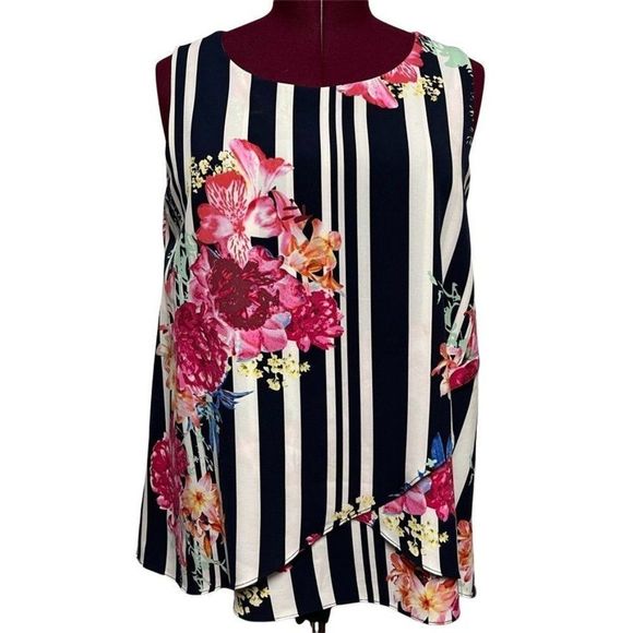 Peter Nygard Tops - Peter Nygard Womens Floral Striped Print Blouse Sleeveless Top Size L